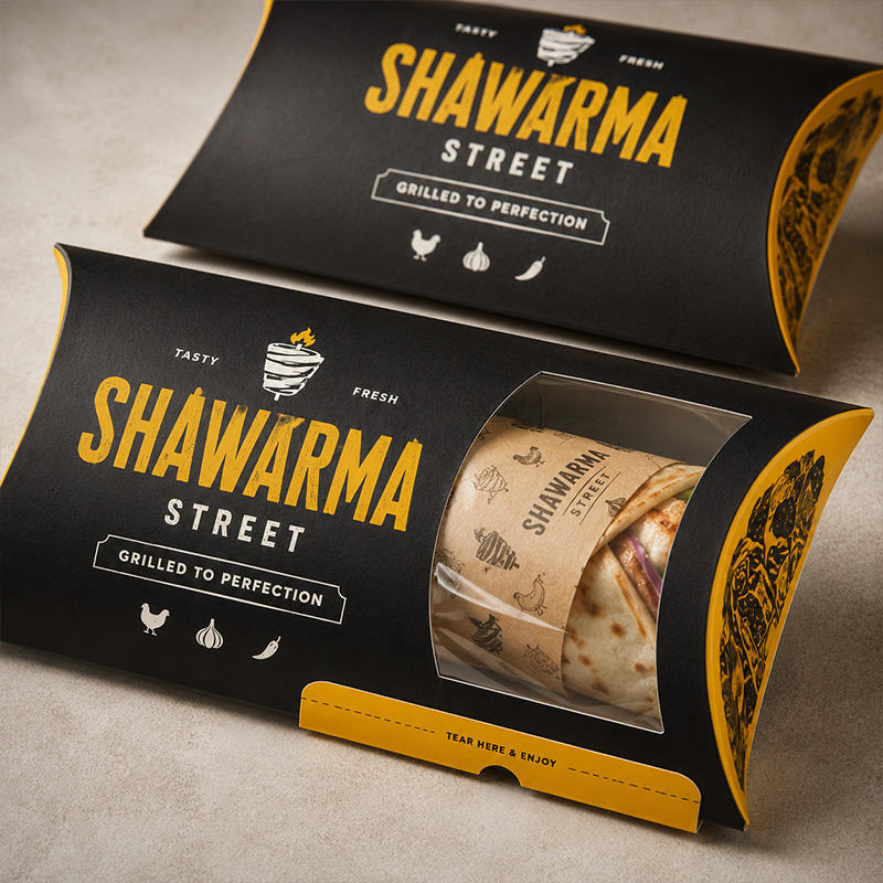 Custom Full-Color Print Pillow Box for Shawarma Wrap & Sandwich | Black Gold Brand Print with Clear Side Window for Fast Food Restaurant Takeaway Packaging | MOQ 100 pcs