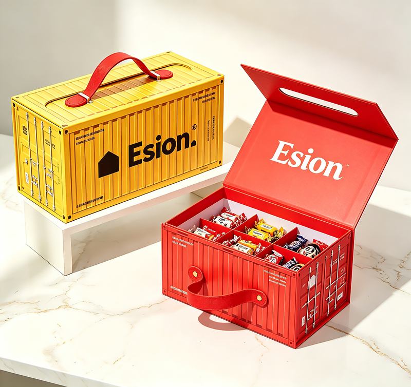 Custom Shipping Container Shape Creative Gift Box | Embossed with Leather Handle & Inner Divider for Food Candy Holiday & Corporate Gifts | MOQ 100 pcs