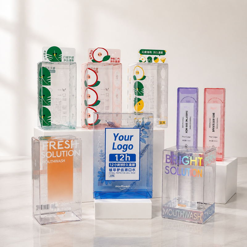 Custom Clear Colored Holographic PVC Folding Packaging Box for Oral Care | Full Color Brand Logo Print Multi-Size for Mouthwash Toothpaste Toothbrush Oral Hygiene Brand Retail Shelf Packaging | MOQ 100 pcs