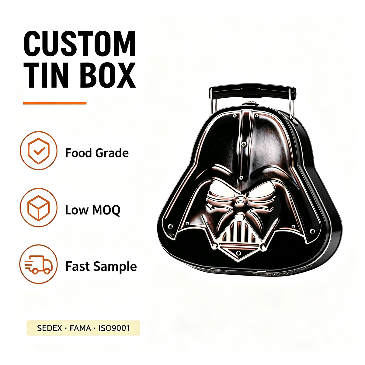 Custom Darth Vader Helmet Shape Tin Box | 3D Embossed Black with Metal Handle & Clasp Food Grade Sci-Fi Collector Tin for Candy Cookie & Character Brand Gift Packaging | MOQ 100 pcs