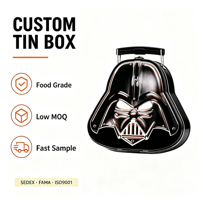 Custom Darth Vader Helmet Shape Tin Box | 3D Embossed Black with Metal Handle & Clasp Food Grade Sci-Fi Collector Tin for Candy Cookie & Character Brand Gift Packaging | MOQ 100 pcs