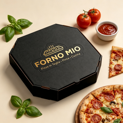 Cajas de pizza octogonales personalizadas | Logotipo en lámina dorada Kraft y embalaje de cartón ondulado negro | Cantidad mínima de pedido: 100 unidades
