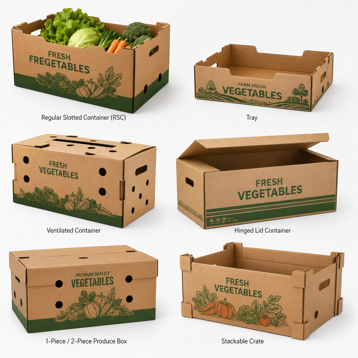 Cajas Personalizadas de Cartón Ondulado para Verduras y Hortalizas | Bandeja RSC Ventilada con Bisagras y Caja Apilable con Logotipo | Cantidad Mínima de Pedido 100 unidades