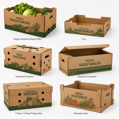 Cajas Personalizadas de Cartón Ondulado para Verduras y Hortalizas | Bandeja RSC Ventilada con Bisagras y Caja Apilable con Logotipo | Cantidad Mínima de Pedido 100 unidades