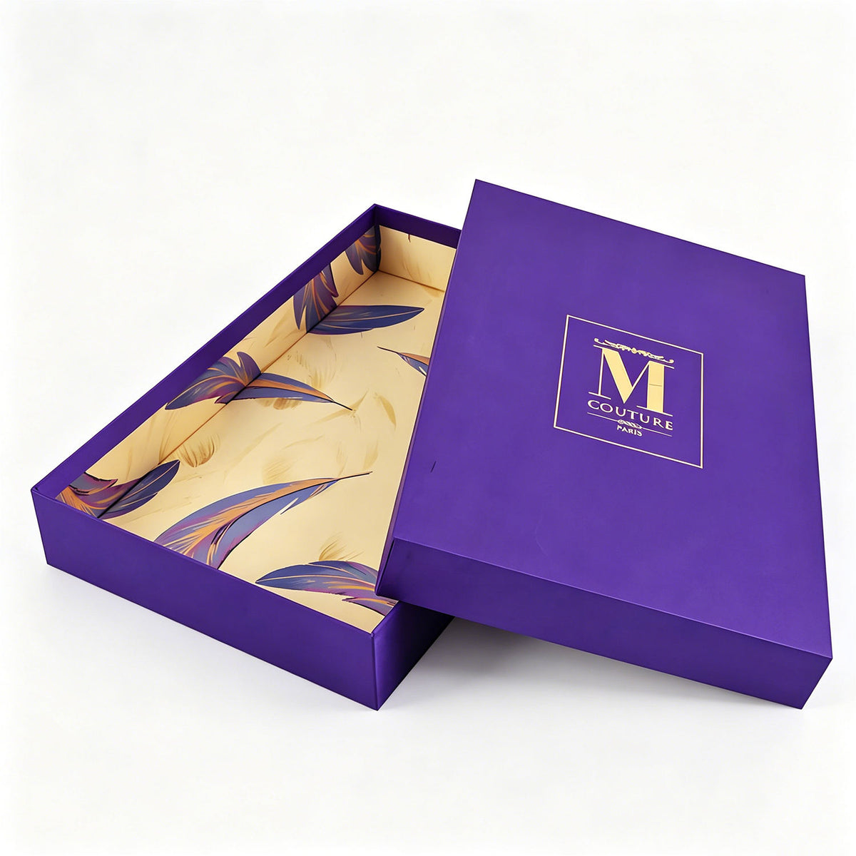 Custom Royal Purple Two-Piece Lid and Base Gift Box | Gold Logo Foil & Feather Print Interior for Scarf Perfume & Luxury Fashion Brand Premium Gift Packaging | MOQ 100 pcs