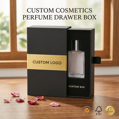 Custom Matte Black Drawer Perfume Gift Box | Gold Logo Band Print & Ribbon Pull Tab for Perfume & High-End Cosmetics Single Product Luxury Retail Packaging | MOQ 100 pcs