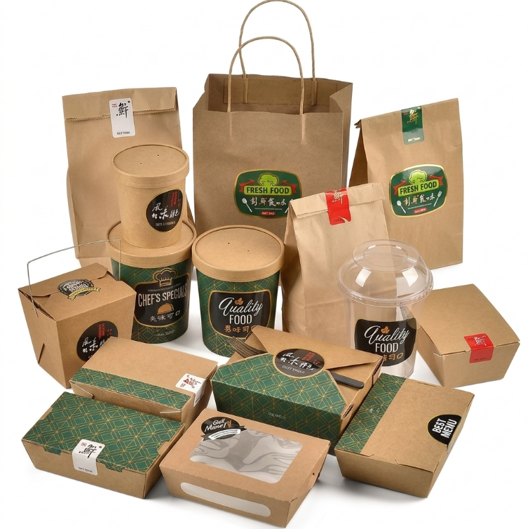 Juego de embalaje personalizado de papel kraft para llevar | Vasos para sopa, fiambreras, cajas para hamburguesas y bolsas de papel con logo | MOQ 100 unidades