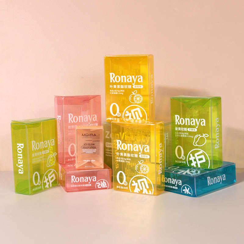 Custom Multi-Color Translucent PVC Folding Packaging Box | Full Color Brand Logo Print Yellow Green Pink Blue Orange Optional Hang Hole for Gummy Candy Health Supplement Drink Oral Care Skincare Retail Brand | MOQ 100 pcs