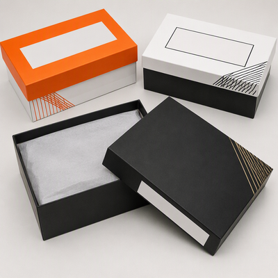 Custom Full-Color Print Flat Two-Piece Lid and Base Apparel Gift Box | Geometric Stripe or Botanical Print with Tissue Wrap for Shirt T-Shirt & Fashion Retail Brand Packaging | MOQ 100 pcs