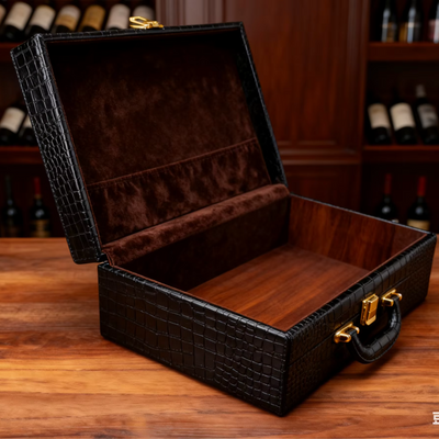 Custom Black Crocodile PU Leather Wrapped Wood Briefcase Gift Box | Gold Metal Clasp & Handle Natural Wood Base Brown Suede Interior for Wine Whiskey Cigar & Luxury Brand Premium Gift Set | MOQ 100 pcs