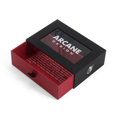 Custom Matte Black & Red Two-Tone Drawer Gift Box | Clear PVC Window & Full-Color Brand Text Print for Gaming Collectibles Tech Accessories & Creative Brand Packaging | MOQ 100 pcs