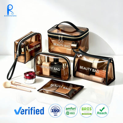 Custom Brown Smoke Transparent PVC Cosmetic Bag Set | Gold Zipper PU Leather Handle & Wrist Strap 5-Piece Large Tote Medium Small Wristlet Flat Pouch Pencil Case Brand Logo for Beauty Travel Toiletry Gift Set | MOQ 100 pcs