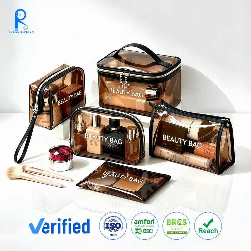 Custom Brown Smoke Transparent PVC Cosmetic Bag Set | Gold Zipper PU Leather Handle & Wrist Strap 5-Piece Large Tote Medium Small Wristlet Flat Pouch Pencil Case Brand Logo for Beauty Travel Toiletry Gift Set | MOQ 100 pcs