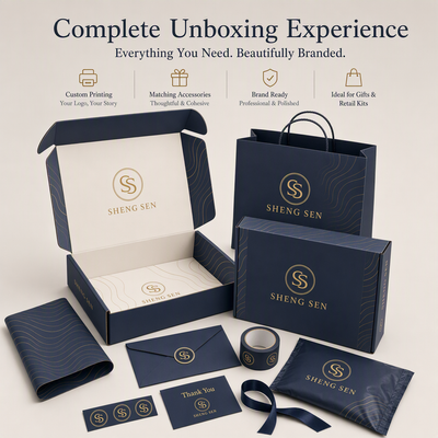Juego completo de embalaje de marca personalizado | Caja de envío, bolsa de papel, sobre, tarjeta de agradecimiento, pegatina, cinta, bolsa de envío de polietileno con logotipo | MOQ 100 unidades