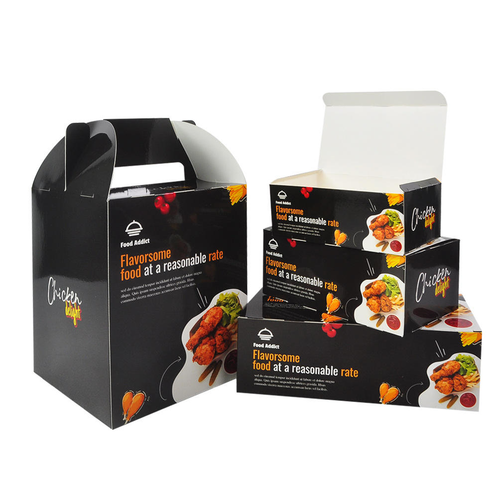 Juego de Cajas para Comida de Pollo Impresas Personalizadas | Caja con Asa y Cajas con Tapa Abatible con Logo | Cantidad Mínima 100 unidades