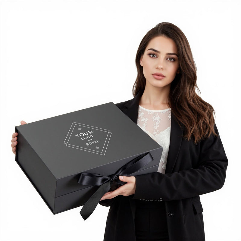 Custom Matte Black Magnetic Gift Box | Silver Logo & Satin Ribbon Bow Multi-Size for Apparel Beauty Jewelry Holiday & Corporate Gifts | MOQ 100 pcs
