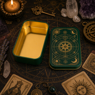 Custom Mystical Tarot Astrology Rectangle Tin Box | Dark Green Gold Celestial Star Chart or Navy Blue Silver Constellation Print for Tarot Card Crystal Candle Aromatherapy & Witchy Brand Gift Tin | MOQ 100 pcs