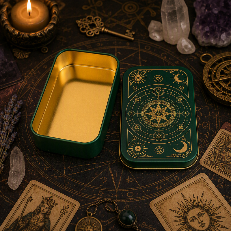 Custom Mystical Tarot Astrology Rectangle Tin Box | Dark Green Gold Celestial Star Chart or Navy Blue Silver Constellation Print for Tarot Card Crystal Candle Aromatherapy & Witchy Brand Gift Tin | MOQ 100 pcs