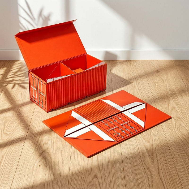 Custom Shipping Container Shape Foldable Gift Box | Realistic Metal Texture with Inner Divider for Food Wine Electronics & Corporate Creative Gifts | MOQ 100 pcs