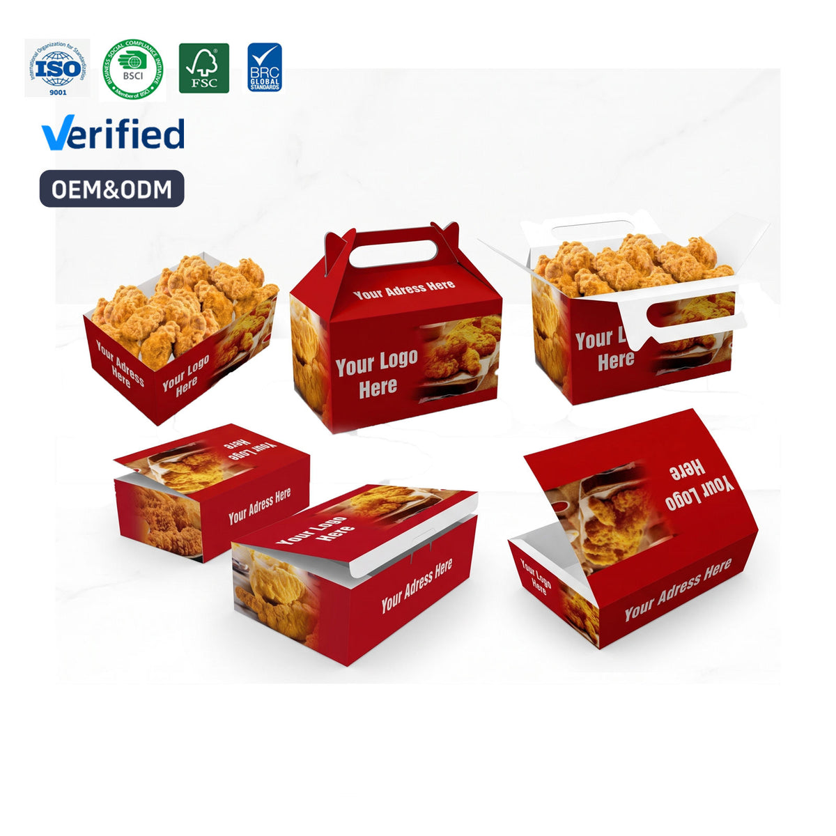 Juego personalizado de cajas de cartón con asa para pollo frito | Cajas de pollo, bandejas de papel y cajas para llevar con logotipo | Cantidad mínima de pedido: 100 unidades