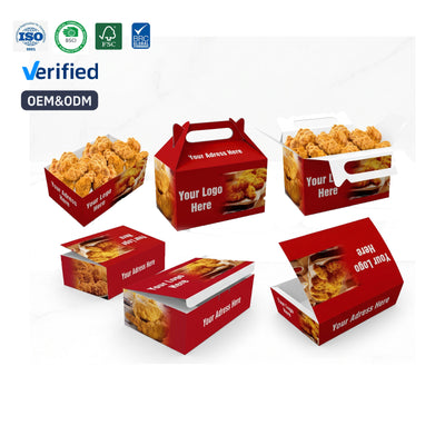 Juego personalizado de cajas de cartón con asa para pollo frito | Cajas de pollo, bandejas de papel y cajas para llevar con logotipo | Cantidad mínima de pedido: 100 unidades