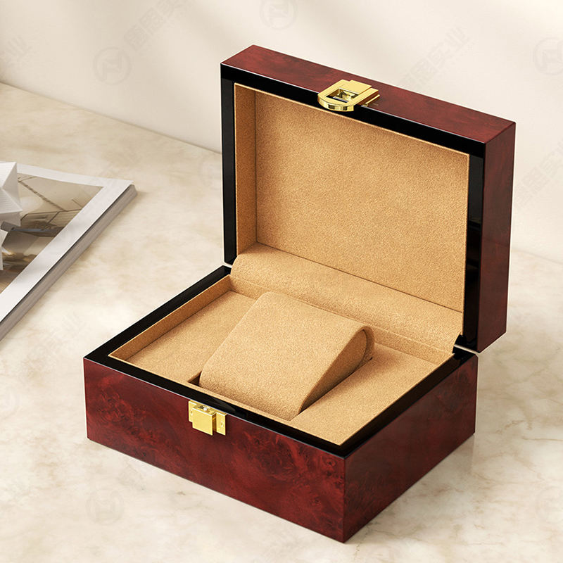 Custom Single Watch Wood Box | Deep Red Piano Lacquer Gold Top Clasp & Front Lock Beige Suede Watch Pillow Interior Black Edge Contrast for Luxury Watch Brand Premium Gift Packaging | MOQ 100 pcs
