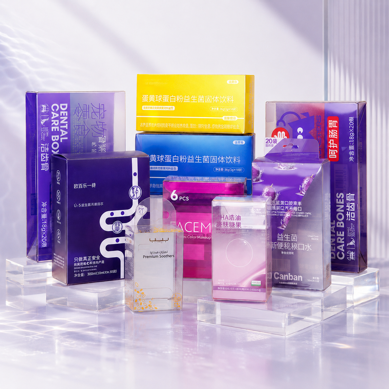 Custom Holographic Rainbow Laser Film & Clear PVC Folding Packaging Box | Full Color Print High-Impact Visual Finish Multi-Size for Nail Beauty Health Food Hair Trend Brand Retail Packaging | MOQ 100 pcs