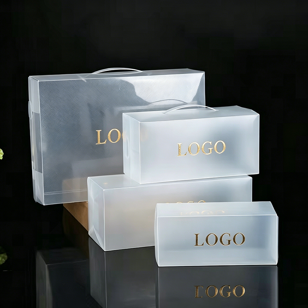 Custom Frosted PP Folding Gift Box Gold Foil Logo & Holographic Iridescent PVC Display Box Hang Hole | Multi-Size for Shoe Box Skincare Perfume Gift Jewelry Beauty Brand Premium Gift Packaging | MOQ 100 pcs