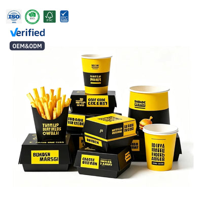 Custom Black Yellow Fast Food Paper Packaging Set | Burger Boxes Fry Cups & Paper Cups with Logo | MOQ 100 pcs