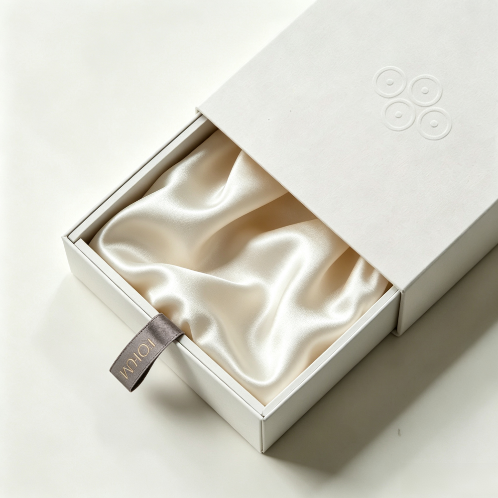 Caja de regalo personalizada con cajón y logotipo grabado en relieve todo blanco | Interior de forro de seda y mensaje de marca para pañuelos, chales y accesorios de moda de lujo Embalaje premium | MOQ 100 unidades