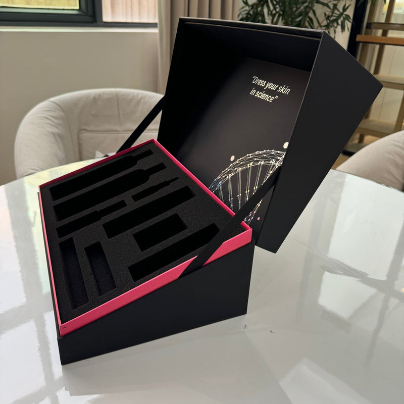 Custom Matte Black Magnetic Gift Box Set | Silver Logo EVA Foam Insert & Full Interior Brand Print for Skincare Beauty MedTech & Corporate Gift Sets | MOQ 100 pcs