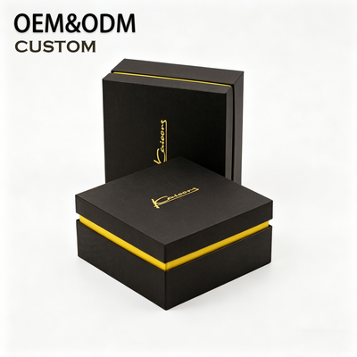 Custom Matte Black Two-Piece Lid and Base Gift Box | Gold Band & Script Logo Foil Yellow Velvet Interior for Jewelry Watch Perfume & Premium Accessories Brand Packaging | MOQ 100 pcs