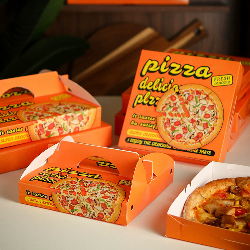 Custom Full-Color Print Pizza Box | Orange Square and Handle Carry Style with Brand Logo Print for Pizza Restaurant Fast Food & Takeaway Delivery Packaging | MOQ 100 pcs