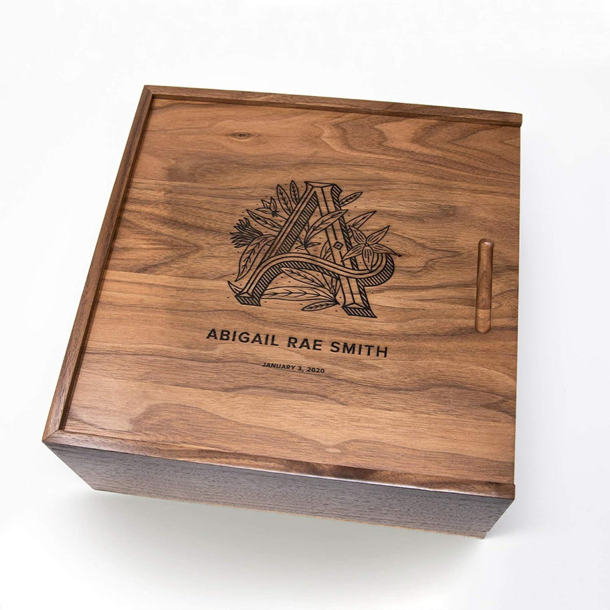 Custom Natural Solid Wood Laser Engraved Sliding Lid Gift Box | Walnut or Pine Custom Brand Logo Name Monogram & Date Top Engraving for Wedding Anniversary Photo Keepsake Personalized Brand Gift | MOQ 100 pcs