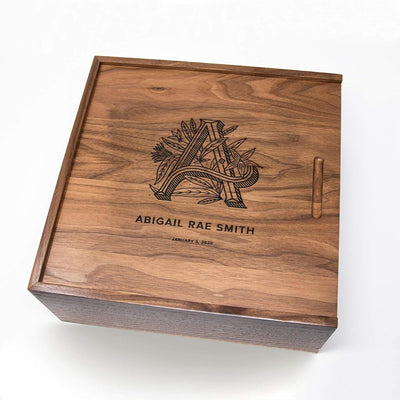 Custom Natural Solid Wood Laser Engraved Sliding Lid Gift Box | Walnut or Pine Custom Brand Logo Name Monogram & Date Top Engraving for Wedding Anniversary Photo Keepsake Personalized Brand Gift | MOQ 100 pcs