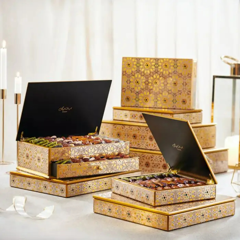 Custom Middle Eastern Arabic Geometric Pattern Luxury Wood Gift Box | Gold Metal Edge Frame Black Velvet Interior Multi-Layer for Dates Chocolate Candy Dry Fruit Ramadan Eid & Wedding Premium Gift | MOQ 100 pcs