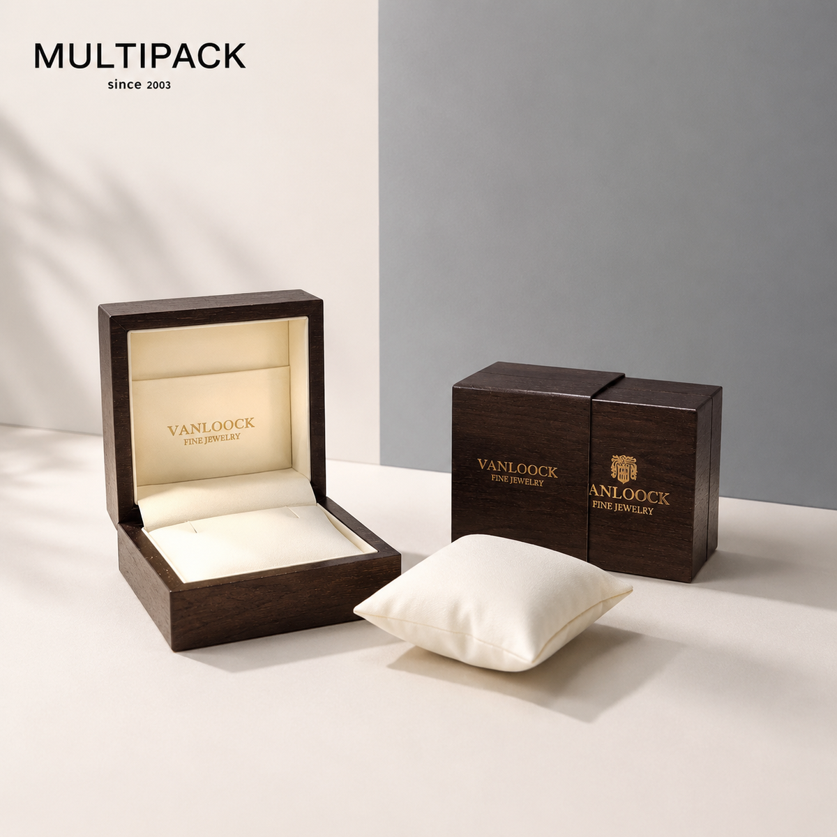 Custom Luxury Jewelry Wood Box with Slide Outer Shell | Dark Walnut Wood Grain Cream Velvet Interior Gold Brand Hot Stamp for Ring Bracelet Necklace Earring Fine Jewelry Brand Gift | MOQ 100 pcs