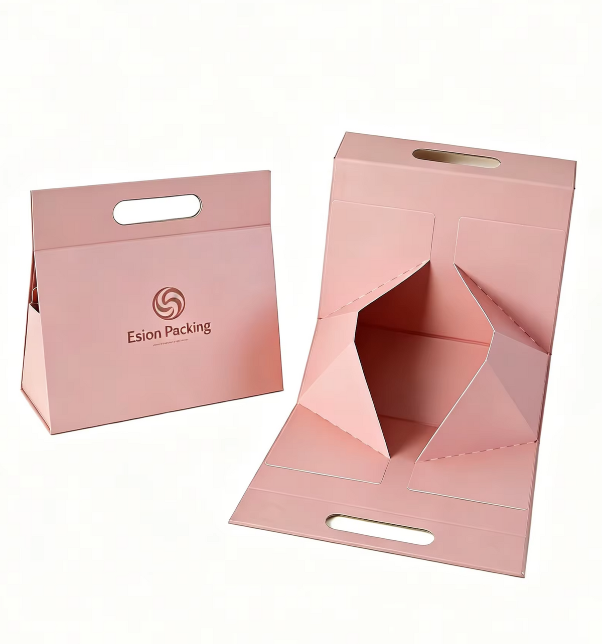 Custom Tri-Fold Die-Cut Handle Gift Boxes | Foldable Trapezoid with Gold Logo for Retail Beauty Gift & Apparel Brands | MOQ 100 pcs