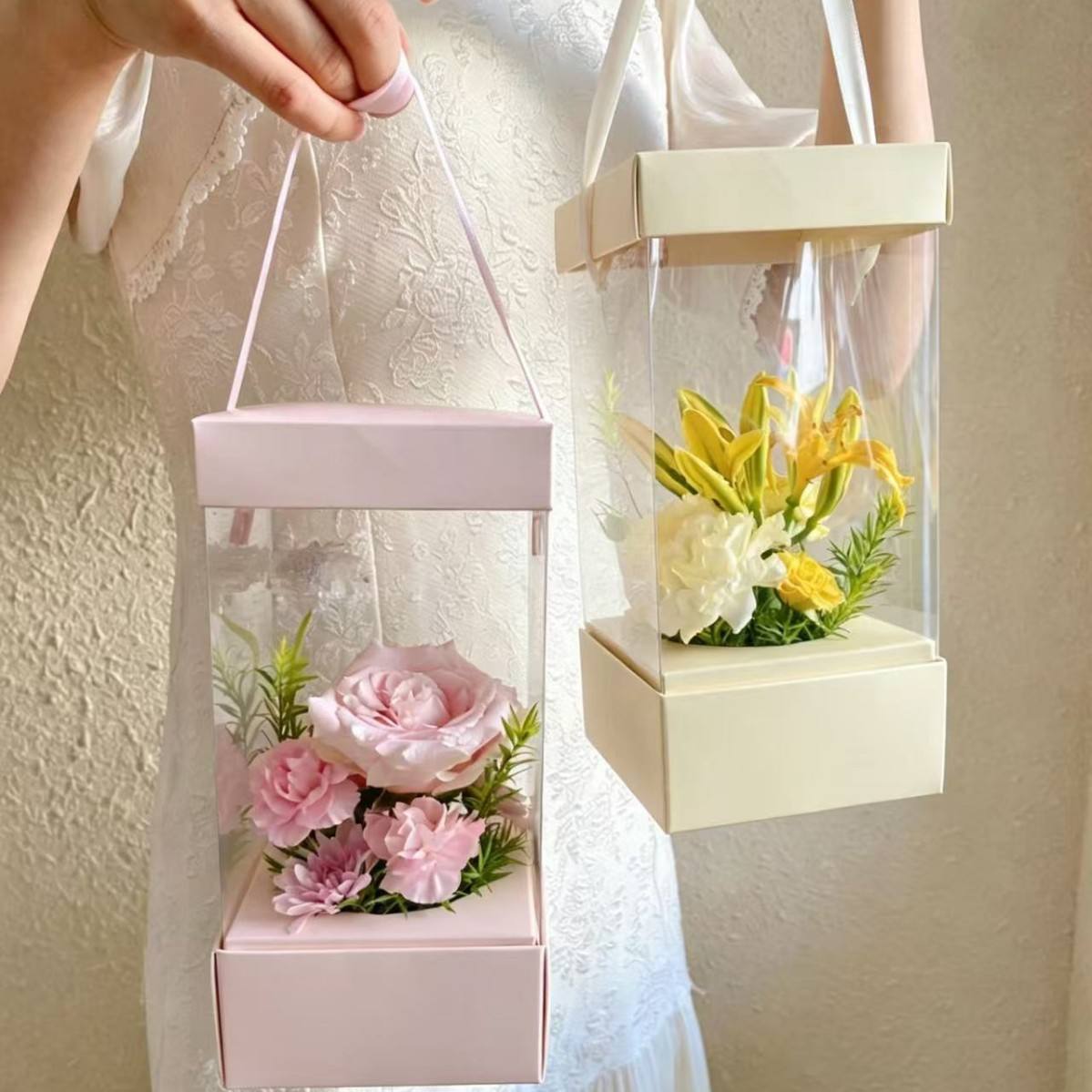 Custom Clear PVC Flower Bouquet Display Tote Box | Cardboard Lid & Base Satin Ribbon Handle Pink White Cream for Fresh Rose Crochet Flower Mother's Day Wedding Bridal Gift Packaging | MOQ 100 pcs