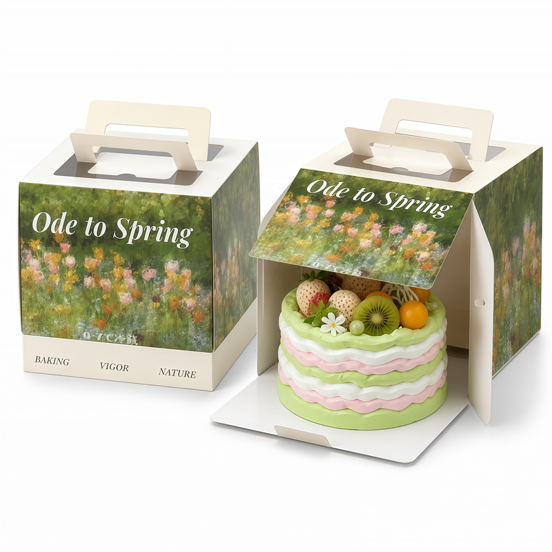 Custom Full-Color Print Front Opening Flip Whole Cake Box with Handle | Garden Botanical Oil Painting Print for 6 8 Inch Premium Bakery Wedding & Holiday Cake Gift Presentation | MOQ 100 pcs
