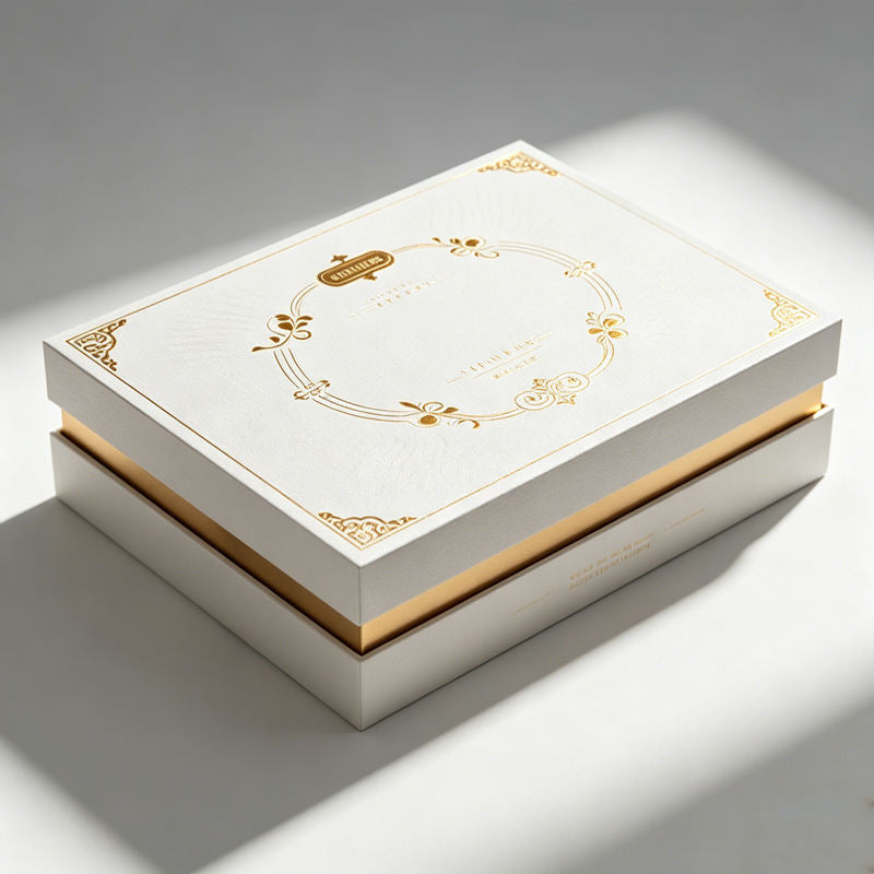 Custom Ivory Two-Piece Lid and Base Gift Box | Gold Foil Floral Border or Embossed Texture with Metal Clasp for Premium Skincare Beauty Sets & Luxury Holiday Gift Packaging | MOQ 100 pcs
