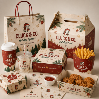 Custom Holiday Christmas Fast Food Paper Box Set | Burger Box Fry Cup Carry Box & Paper Bag | MOQ 100 pcs