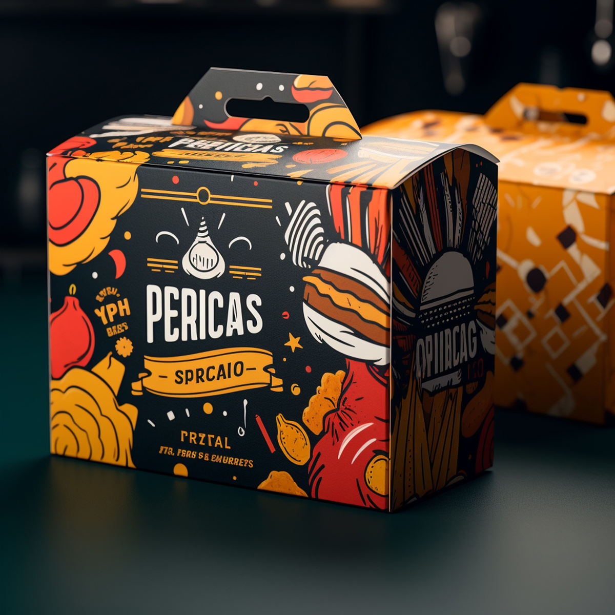 Custom Printed Gable Handle Food Boxes | Full-Color Illustration Burger Meal Carry Box with Logo | MOQ 100 pcs