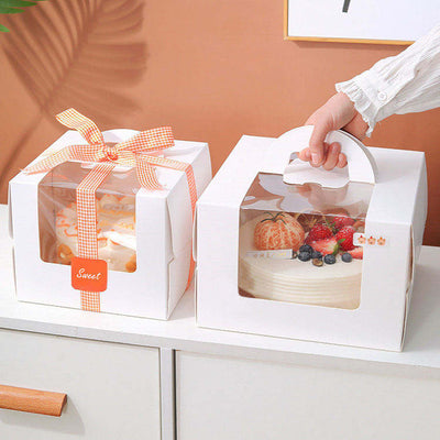 Custom White Clear PVC Window Whole Cake Carry Box with Handle | Plain White with Ribbon Option for 6 8 10 Inch Cake Bakery Dessert Shop Takeaway Packaging | MOQ 100 pcs
