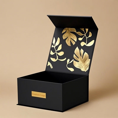 Custom Matte Black Magnetic Gift Box | Gold Foil Tropical Leaf Full Interior Print & Gold Logo Plaque for Luxury Skincare Jewelry Whisky & Corporate Gifts | MOQ 100 pcs