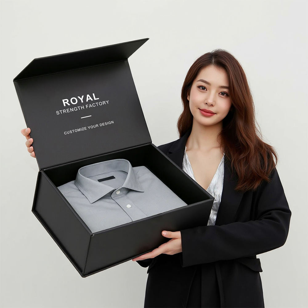 Custom Matte Black Large Magnetic Gift Box | Silver Logo Interior Print for Luxury Apparel Menswear Sportswear & Corporate Gifts | MOQ 100 pcs