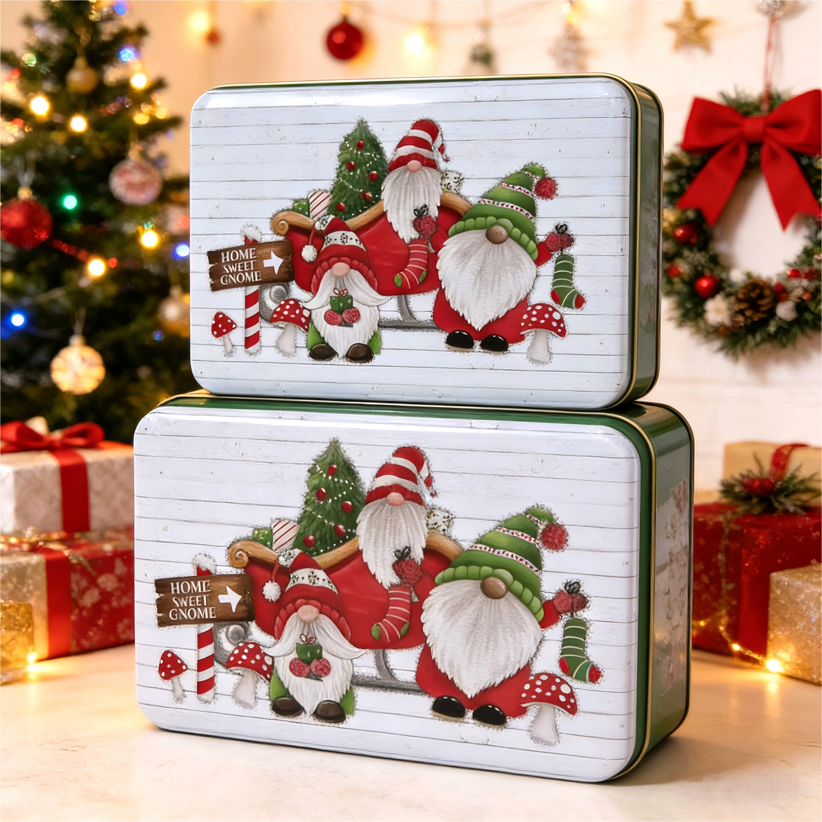 Custom Christmas Gnome Print Rectangle Tin Box Set | White Green Full-Color Home Sweet Gnome Merry Christmas Design for Holiday Cookie Candy & Festive Gift Tin Packaging | MOQ 100 pcs