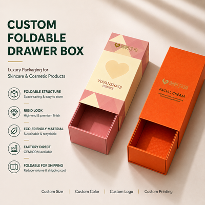 Custom Foldable Drawer Box | Full-Color Print Any Design Logo & Brand Color for Skincare Serum Facial Cream & Single Cosmetic Product Packaging | MOQ 100 pcs
