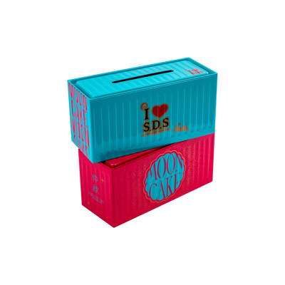Custom Container Shape Mooncake Tin Box with Coin Slot Lid | Embossed Corrugated Texture Multi-Color Blue Red Pink Full-Color Brand Print for Mid-Autumn Festival & Holiday Gift Tin | MOQ 100 pcs