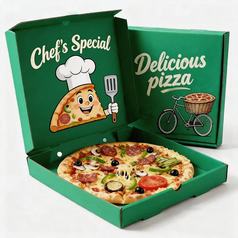Custom Full-Color Double-Sided Print Pizza Box | Inner & Outer Brand Print in Green Red Yellow with Cartoon Chef & Bicycle Theme for Premium Pizza Brand Experience Packaging | MOQ 100 pcs